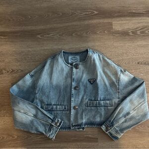 Prada Light Wash Denim Cropped Jacket with Logo Patch